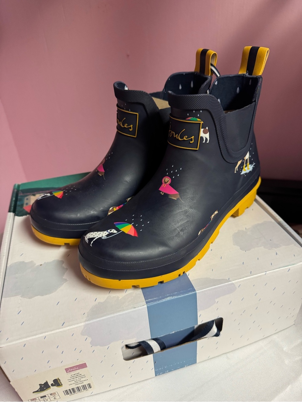 Joules Navy Rain Ankle Boots with Yellow Soles